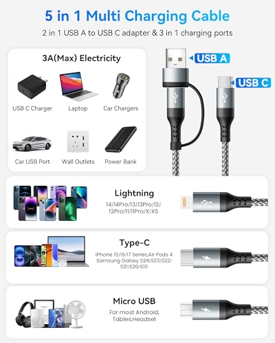 5 in 1 Multi Charging Cable, USB A/C Multiple Charging Cords for All Device