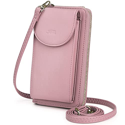 S-ZONE Small Crossbody Bags for Women Phone Purse RFID Blocking Wallet | Card Slots, Vegan Leather, Anti-theft, Multi Pockets, Detachable Adjustable Strap, Travel Eveyday Outing - color: Pink