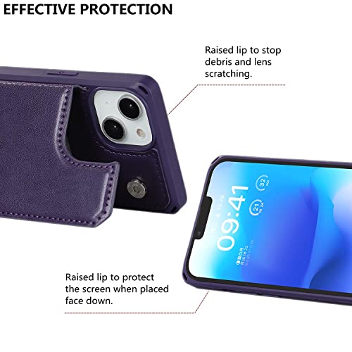 iCoverCase Compatible with iPhone 14 Wallet Phone Case with Card Holder for Women, RFID Blocking Embossed PU Leather Wrist Strap Case 6.1 Inch (Macaron Dark Purple) - color: P-Dark Purple