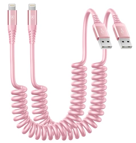 iPhone Charger Cable for Car 3FT, 2Pack Coiled Coiled Lightning Cable - color: Pink, size: 3FT, style: USB A to Lightning