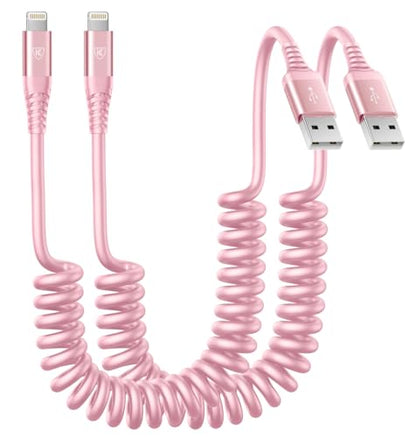 iPhone Charger Cable for Car 3FT, 2Pack Coiled Coiled Lightning Cable - color: Pink, size: 3FT, style: USB A to Lightning