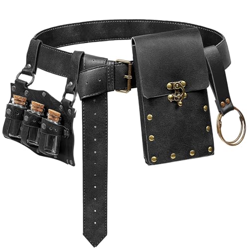 Belt Pouch Waist Bag Fanny Pack Steampunk Phone Holder Medieval Bag Leather Belt Renaissance Cosplay Costume Accessories (3Bottle-New/black) - color: 3Bottle-New/black