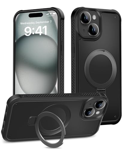 Magnetic for iPhone 15 Plus Case Built-in Seamless Stand, Black | with Screen Protector, [Compatible with MagSafe] Protective Shockproof Slim Phone Case - color: Black, size: iPhone 15 Plus 6.7"