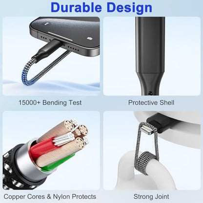 USB C to USB C/Dual Lightning/Micro USB Charging Cable 2M/6Ft, 4 in 1 Multi Charging Cable for Multiple Devices, Braided Universal iPhone Charger Cord for Cell Phones, iPhone Series, Tablets, Galaxy