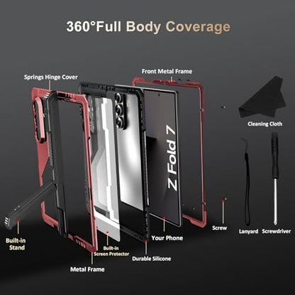 Rugged Armor Case for Samsung Galaxy Z Fold 7 5G, Military Grade Shockproof Protective with Kickstand, Built-in Screen Protector, Metal Bumper & Full Hinge Protection Cover, Red - color: Red