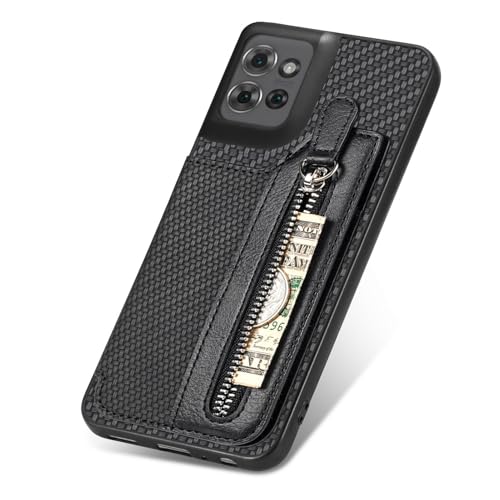 for Motorola Moto G Power 2026 Wallet Case with Card Holder, Slim | Shockproof Protective Phone Cases for Women, Carbon Fiber Pattern Design, Built-in 4 Credit Card Slots and 1 Zipper Pocket - color: Black