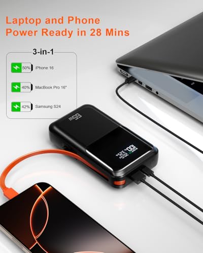 65W Portable Laptop Charger - 26,800mAh Power Bank with Built-in USB-C Cables, 3-Port 130W Total Fast Charging for MacBook/iPhone/Steam Deck|TSA-Approved Travel Essential Airplane Safe (Black)