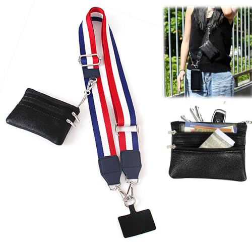 Phone Strap With Zippered Pouch, Universal Lanyard Crossbody Wrist Strap With Wallet, Adjustable - color: Black A2