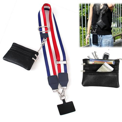 Phone Strap With Zippered Pouch, Universal Lanyard Crossbody Wrist Strap With Wallet, Adjustable - color: Black A2