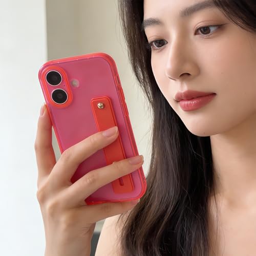 Strap Case for iPhone 17 with Stand, Neon Magenta | Wrist Strap Kickstand, Adjustable Finger Hand Grip Loop, Slim Transparent Anti-Scratch Back, Soft Bumper Phone Cover - color: Neon Magenta, size: iPhone 17