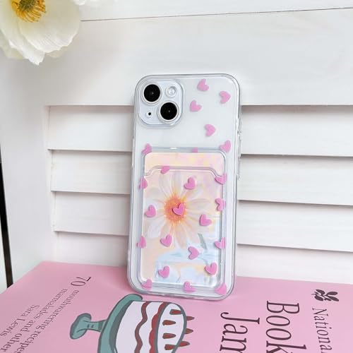 NITITOP Compatible with iPhone 14 Case Clear with Card Holder Cute Pink Love Heart Pattern Design Design Soft TPU Shock-Absorbing Wallet Case Protective Cover - Pink - color: Pink, size: iPhone 14
