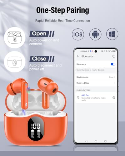 Wireless Earbuds, Bluetooth 5.4 Headphones Bass Stereo/Clear Calls, Orange - color: Orange