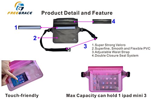 Freegrace Waterproof Pouches with Waist Strap / Pouch Case Bundle Set- Keep Your Phone & Valuables Dry and Safe - Waterproof Dry Bags for Boating Swimming Snorkeling Kayaking Beach Water Parks Pool - color: Pink & Case