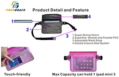Freegrace Waterproof Pouches with Waist Strap / Pouch Case Bundle Set- Keep Your Phone & Valuables Dry and Safe - Waterproof Dry Bags for Boating Swimming Snorkeling Kayaking Beach Water Parks Pool - color: Pink & Case