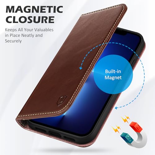 SHIELDON Real Leather Case Wallet for iPhone 13 6.1" 2021, Retro Coffee | TPU Wallet Case with Card Storage Function Anti-Shock [RFID Blocking], 5G 2021 - color: Coffee - Retro