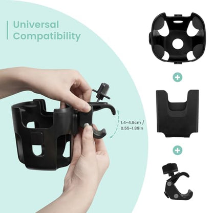 Large Size 2-in-1 Stroller Cup and Phone Holder, Adjustable Clip-On, Black