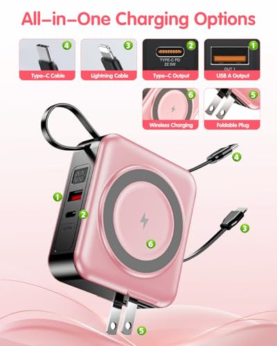 10000mAh for Magsafe Portable Charger Built-in Cables & AC Wall Plug,Pink | 6-in-1,PD 22.5W USB C Fast Charging,15W Magnetic Wireless Charging,Charge 5 devices at once,LED Display Travel Power Bank - color: Pink