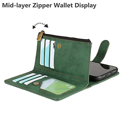 iCoverCase for iPhone X/XS Wallet Case with Card Holder and Wrist Strap, PU Leather Kickstand Card Slots Zipper Pocket Magnetic [Detachable] Flip Cover Case 5.8 Inch (Green) - color: Green