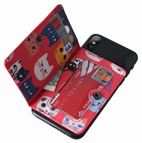 ID Card Holder for Back of Phone Leather Phone Wallet Stick On with Stand Flip Waterproof Leather Adhesive Wallet for Most Cellphones (Red Cat) - color: Red Cat