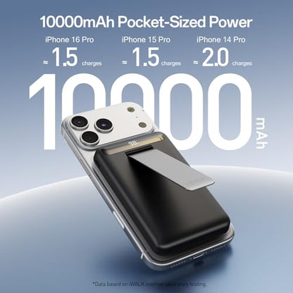 iWALK Qi2 Certified 15W Magnetic Wireless Power Bank, 10000mAh Fast Charging Portable Charger with Adjustable Stand and LED Display, Compatible with iPhone 18/17/16/15/14/13/12 - color: black