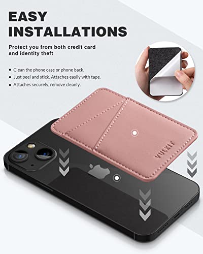VULKIT Phone Card Holder Wallet Leather Adhesive Pocket RFID Blocking Credit Card Sleeves Stick Back of Phone Smartphones - color: Rose