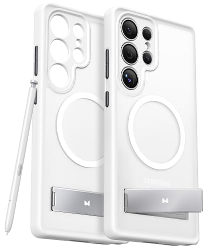 Maledan Full Camera Protection for Samsung Galaxy S25 Ultra Case with Built-in Phone Stand, Magnetic Shockproof Slim Case for Galaxy S25 Ultra 6.9", Kickstand S25 Case Fit for Magsafe, Clean White - color: StainGuard White/ Satin Silver Stand, size: for G