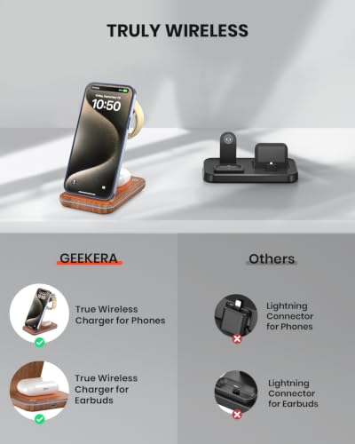 GEEKERA Wireless Charger, 3 in 1 Wireless Charging Station for iPhone Air/17/16/15/14/13/12/11, Phone and Watch Charger Stand for Apple Watch Ultra 3-2/11-2/SE, AirPods Pro/4/3/2, Dark Wood - color: Wood Grain