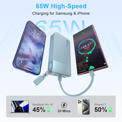 NOBIS Portable Charger 20000mAh 65W Power Bank w/Detachable Cable - color: Blue