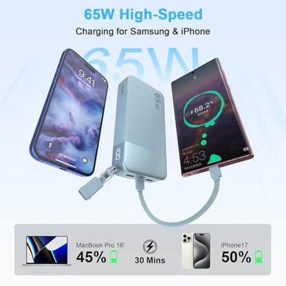 NOBIS Portable Charger 20000mAh 65W Power Bank w/Detachable Cable - color: Blue