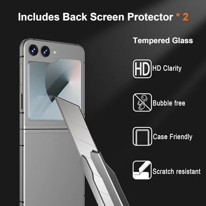 [2Set 4PCS] QUESPLE for Samsung Galaxy Z Flip 6 Screen Protector, 2 Pack Inner Flexible TPU Film+2 Pack Back Tempered Glass Screen Protector with Alignment Tool, HD Clear, Self-Healing, Scratch Resistant