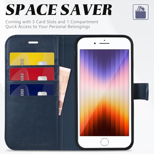 TUCCH Wallet Case for iPhone SE 2022/SE 2020/iPhone 8/7, Blue & Brown | 3 Card Holders, Kickstand, PU Leather, Shockproof TPU Shell, Magnetic Closure, Protective Folio Cover - color: Dark Blue & Brown