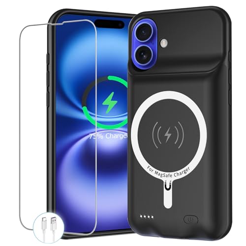 Battery Case for iPhone 16, Upgraded 10000mAh Portable Protective Charging Case with Wireless Charging Compatible with iPhone 16 (6.1 inch) Rechargeable Battery Pack Charger Cover with Carplay (Black) - size: iPhone 16