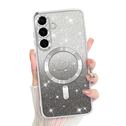 Bonoma Compatible with Samsung Galaxy S25 Case Heart Glitter -Silver | Support for MagSafe, Plating Magnetic Case TPU Camera Protection Back Cover for Phone Case - color: Silver, size: Samsung Galaxy S25
