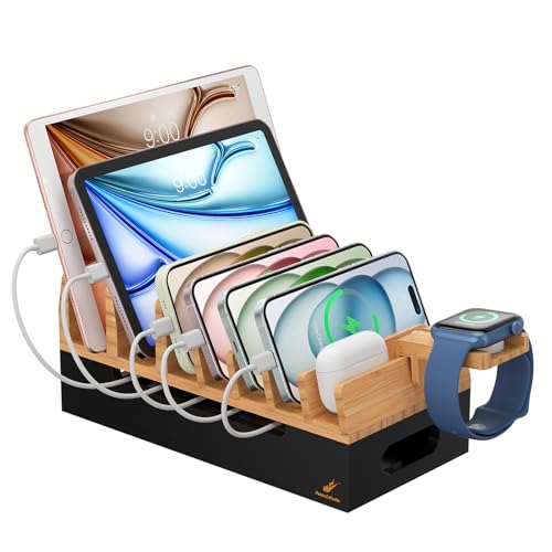 Bamboo Charging Stand for Multiple Devices Phone Watch Stand-Natural+Black - color: Natural + Black (No USB Charger)