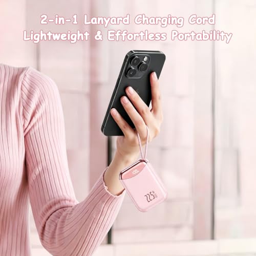 10000mAh Portable Charger with Built-in USB-C & Light-ning Cables, 22.5W Fast Charging Power Bank, Travel Battery Pack with LED Display for iPhone Samsung Android – Flight Approved - color: Pink
