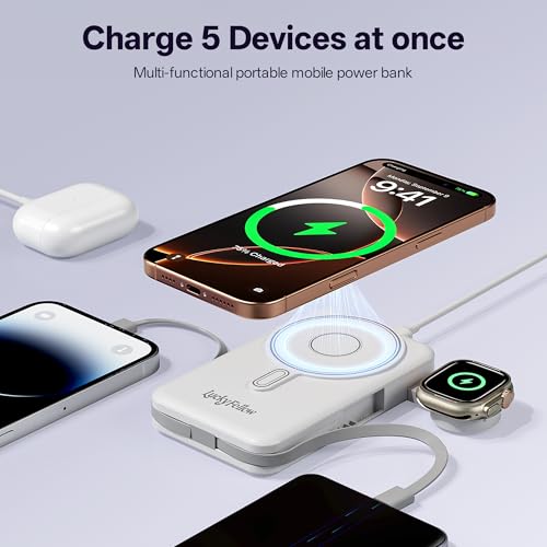 Magnetic Portable Charger Built-in Cables,10000mAh Fast Charging Wireless Charger Station External Battery Pack Slim Pocket Size Power Bank with Stand Compatible with iWatch, iPhone - color: White