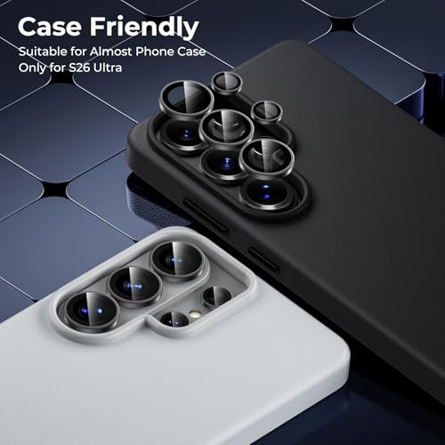 BENKS GlassWarrior Camera Lens Protector for Samsung Galaxy S26 Ultra, 9H Tempered Glass, Anti-Reflective HD Clarity, Ultra-Thin Scratch Resistant, Individual Metal Lens Ring Design (Black) - color: Black
