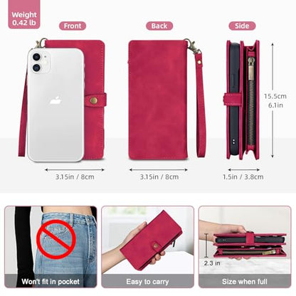 TwoHead for iPhone 11 Wallet case with 11 Card Holder (Wine Red) | Detachable Magnetic Phone Case, PU Leather Wallet for Women/Men,Wireless Charging Compatible,with Wrist Strap - color: Wine Red