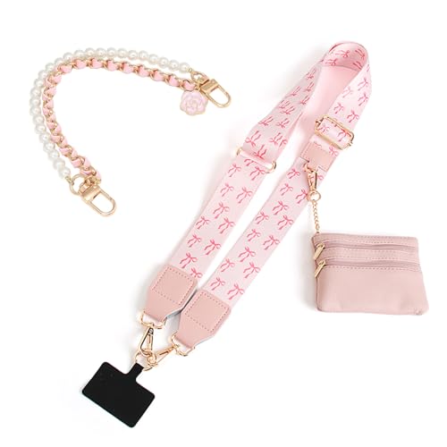 Phone Strap with Zippered Pouch, Clip and Go Strap for Phone with Wallet Crossbody, Adjustable Crossbody Phone Strap-1 - color: Bow Pink