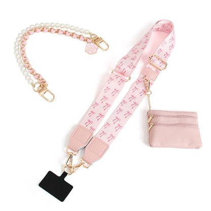 Phone Strap with Zippered Pouch, Clip and Go Strap for Phone with Wallet Crossbody, Adjustable Crossbody Phone Strap-1 - color: Bow Pink