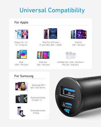Anker 30W 2-Port PowerIQ 3.0 USB C iPhone Car Charger, Type-C Car Adapter