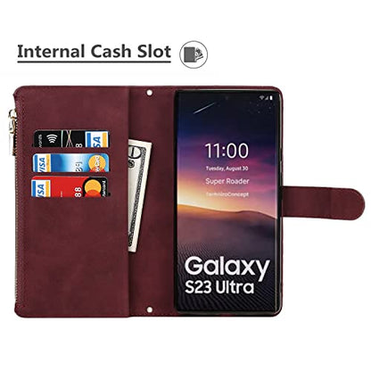 iCoverCase for Samsung Galaxy S23 Ultra Wallet Case with Card Holder, Kickstand Feature PU Leather Case with Adjustable Crossbody Lanyard Magnetic Clasp Zipper Pocket Flip Cover (Claret) - color: Claret, size: Galaxy S23 Ultra