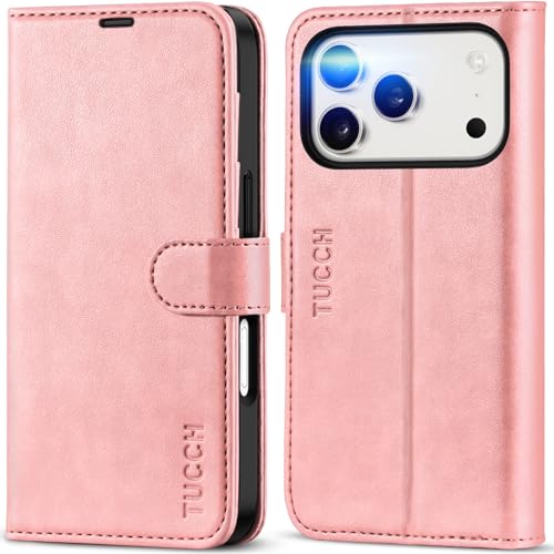 TUCCH Wallet Case for iPhone 17 Pro (6.3") 2025, 4 Card Holders, Rose Gold | RFID Blocking, Viewing Stand, Shockproof TPU Shell, PU Leather, Magnetic Closure, Protective Folio Flip Cover - color: Rose Gold