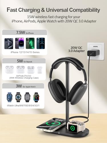 4 in 1 Headphone Stand, 15W Wireless Charger for Airpods/iPhone/iWatch - color: Dark Black