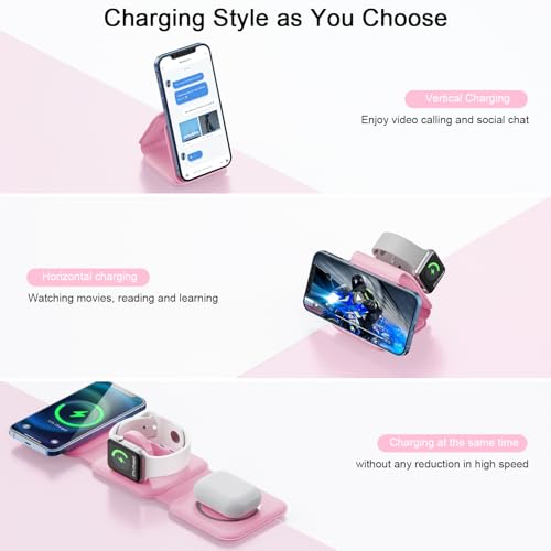 3 in 1 Wireless Charging Station for Apple,Foldable Magnetic Travel Charger - color: deep pink