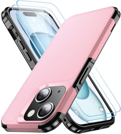 Shockproof for iPhone 15 Case,[15 FT Military Grade Drop Protection],with 2X [Tempered Glass Screen Protector ] with Air Bumpers Full-Body Protective Phone Case,Pink Black - color: Pink Black