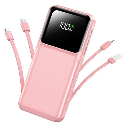 RONEGN Portable Charger with Built in Cable - Power Bank Fast Charging 22.5W USB C 10000mAh LED Display Travel Battery Pack 5 Outputs & 3 Inputs for iPhone Samsung Android iPad Phones Tablets etc - color: Pink