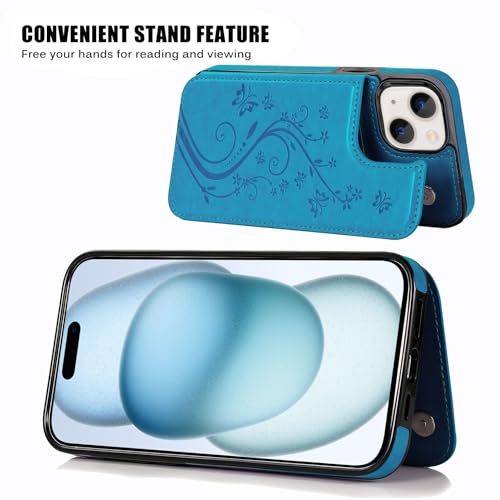 Wallet Case Compatible with iPhone 15,Slim Protective case with Card Holder,Premium PU Leather Kickstand Card Slots with Double Magnetic Clasp for iPhone 15(6.1")-Blue Butterfly - color: Blue