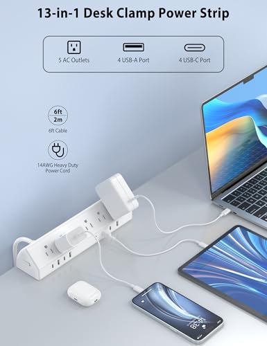Jgstkcity Desk Clamp Power Strip USB C 45W,1200J Surge Protector - color: White, size: 6 FT