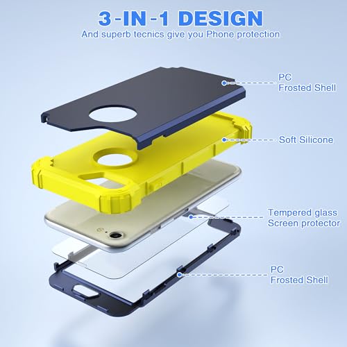 IDweel for iPhone 8 Case & for iPhone 7 Case with Screen Protector,3 in 1 Shockproof Hybrid Heavy Duty Hard PC Cover Soft Silicone Sturdy Bumper Full Body Sturdy Case, Navy Blue/Yellow - color: Navy Blue/Yellow